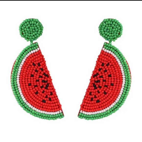 Watermelon Fruit Seed Bead Earrings - Picture 2 of 7